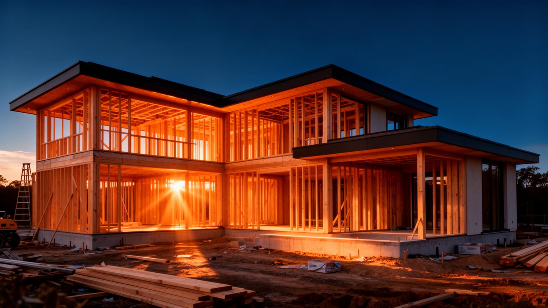 Luxury custom home under construction at golden hour